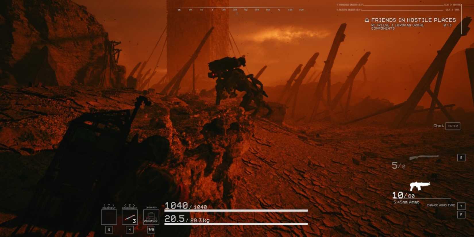 The player waiting for a four-legged mech to pass by