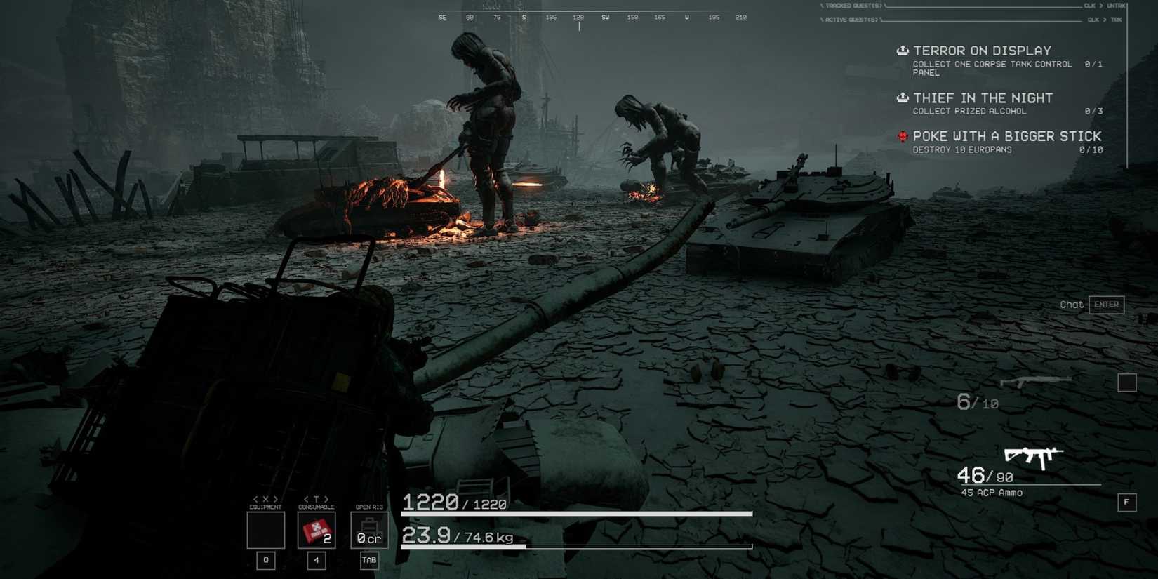 The player crouching with two female mechs moving around a campfire