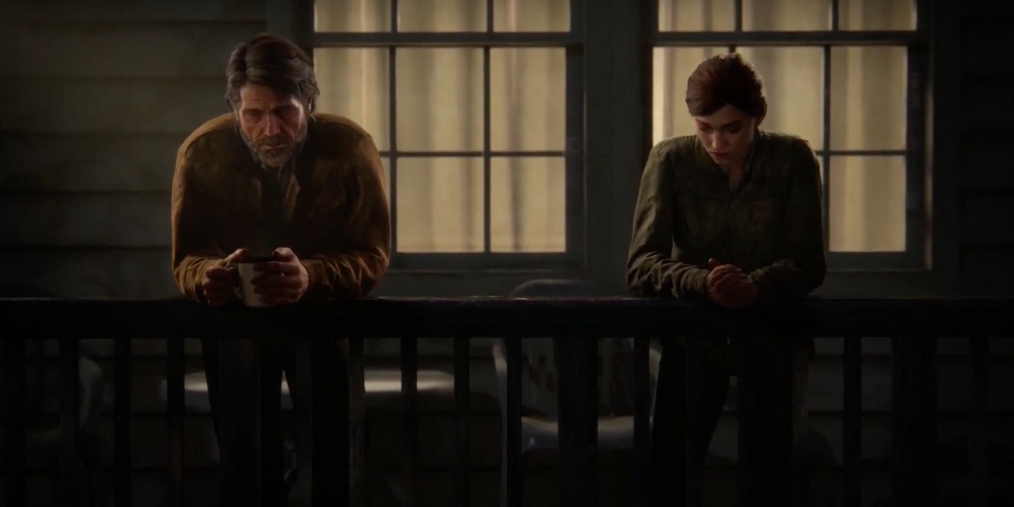 Joel and Ellie in The Last of Us Part 2 cabin porch