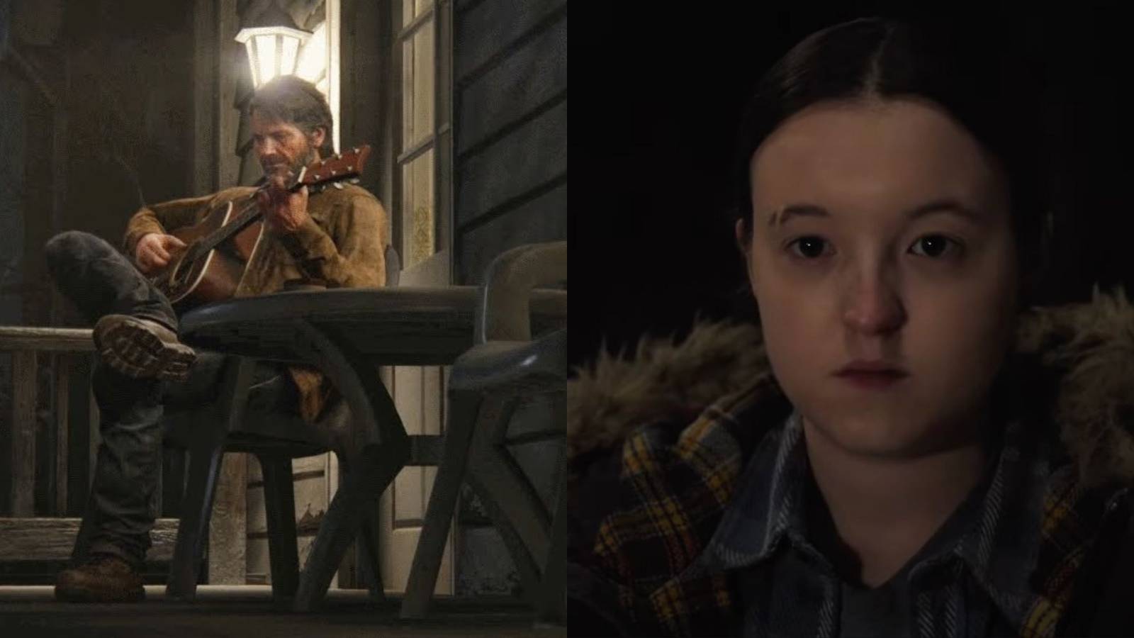 Joel in the Last of Us Part 2 and Bella Ramsey as Ellie in The Last of Us Season 2