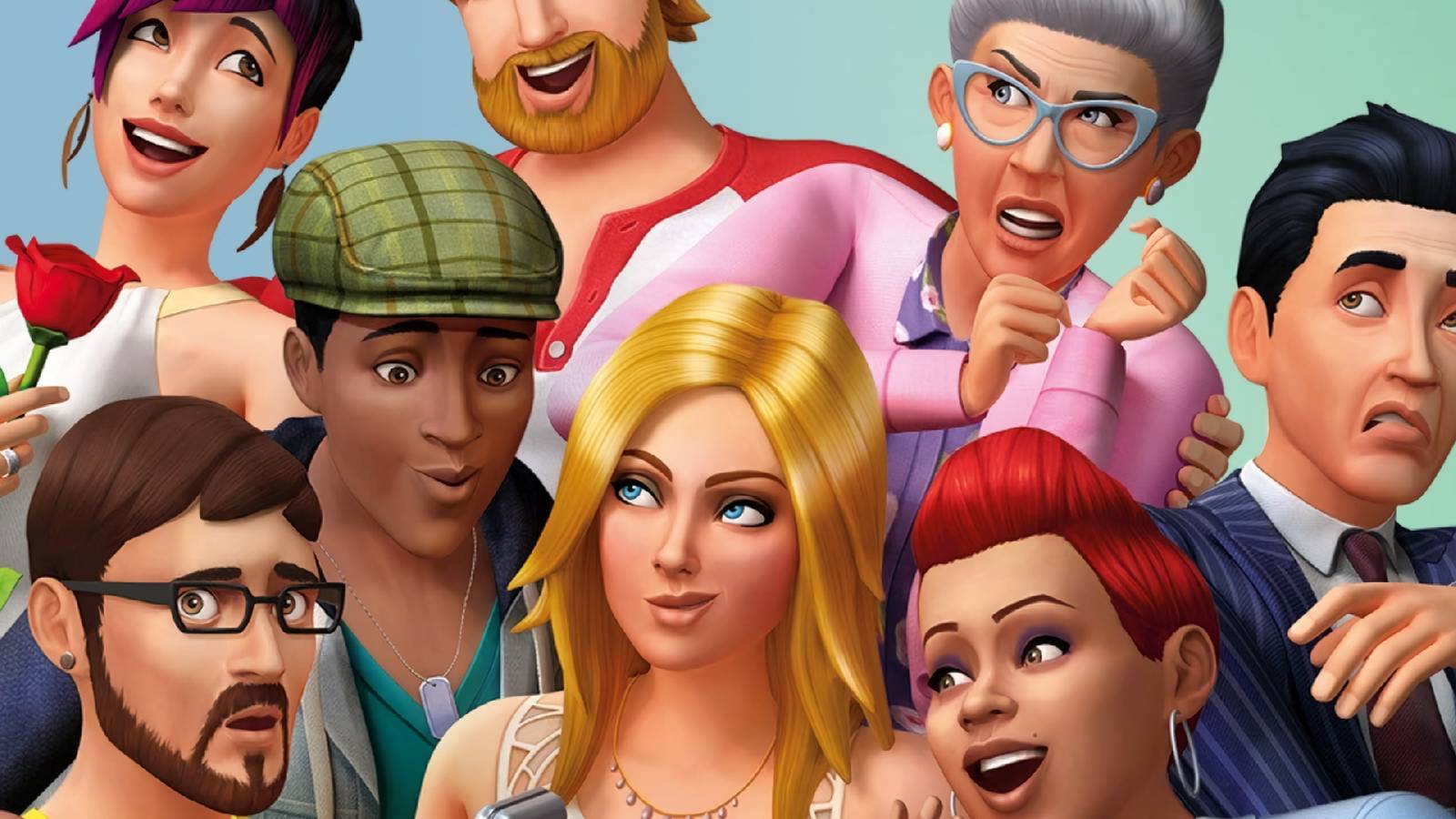 A key visual for The Sims 4 showing several custom characters