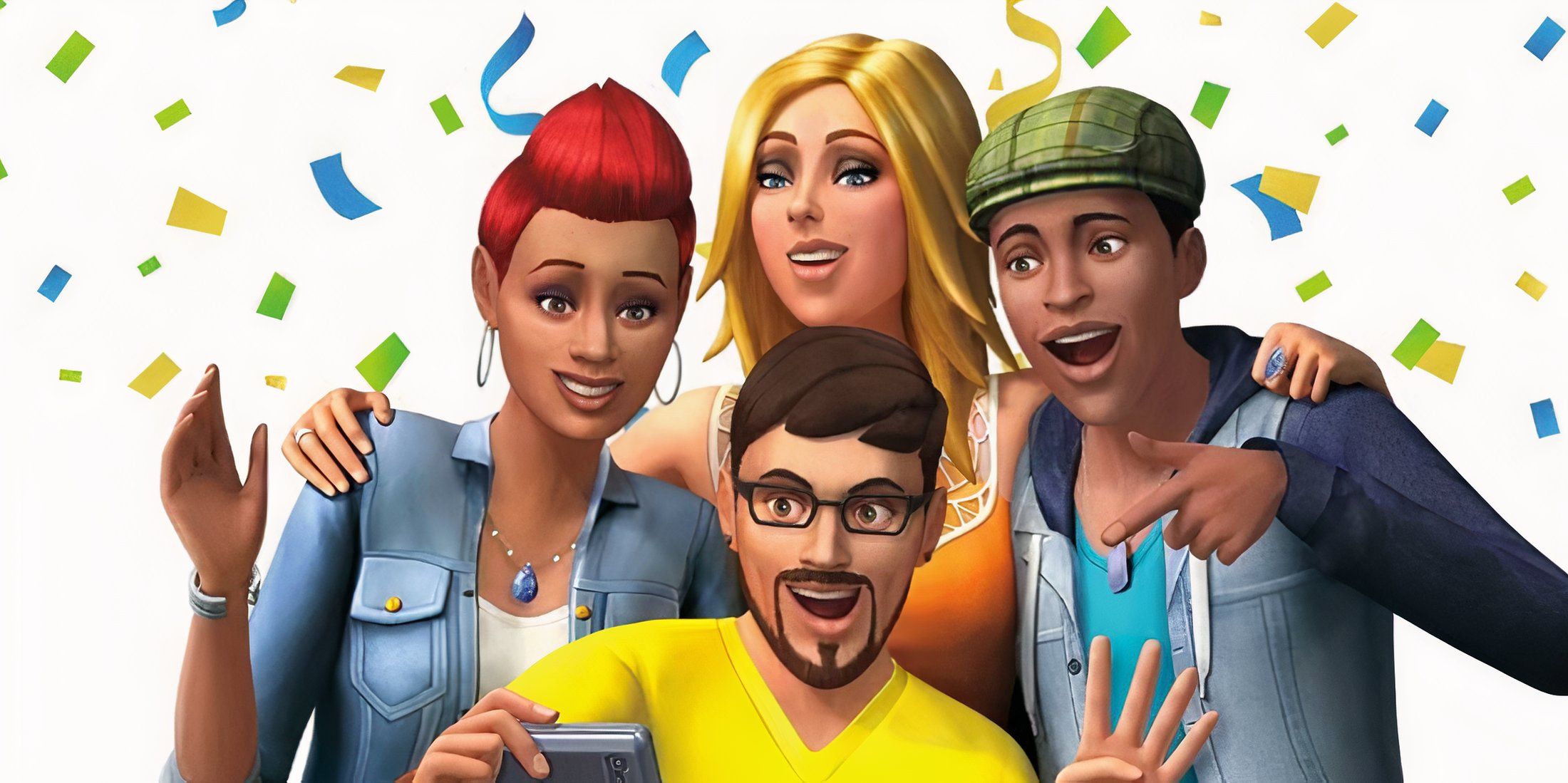 the sims looking at a phone excitedly