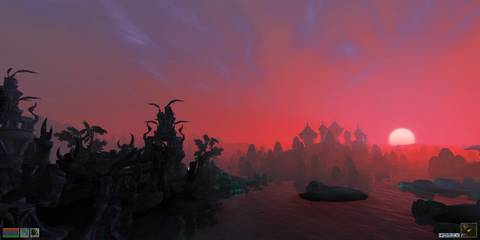 The Sun Sets Against The Varied Buildings And Organic Growth That AMkes Up The Morrowind Skyline