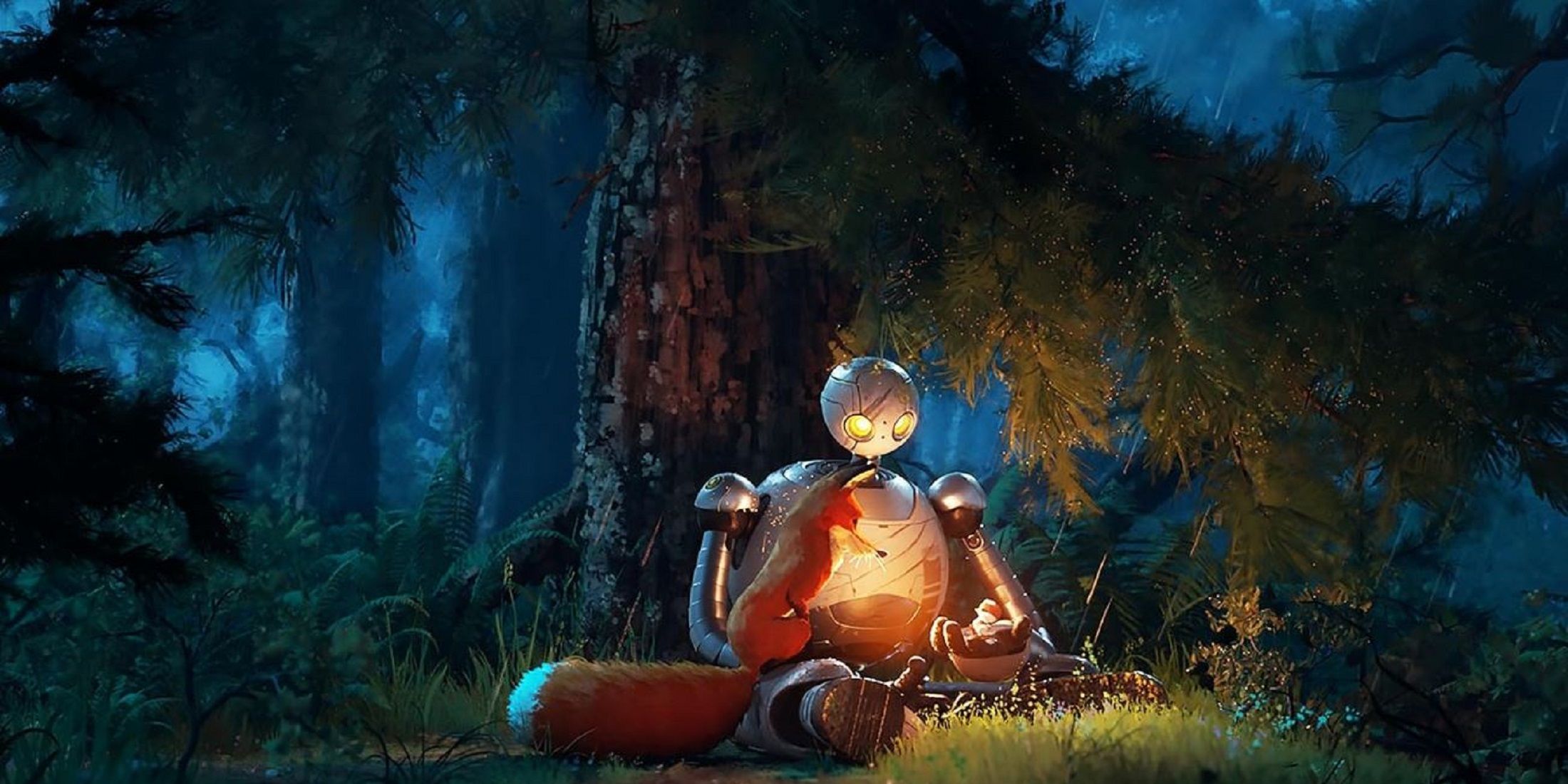 Roz sits peacefully in a forest at night, with glowing eyes, holding a small fire