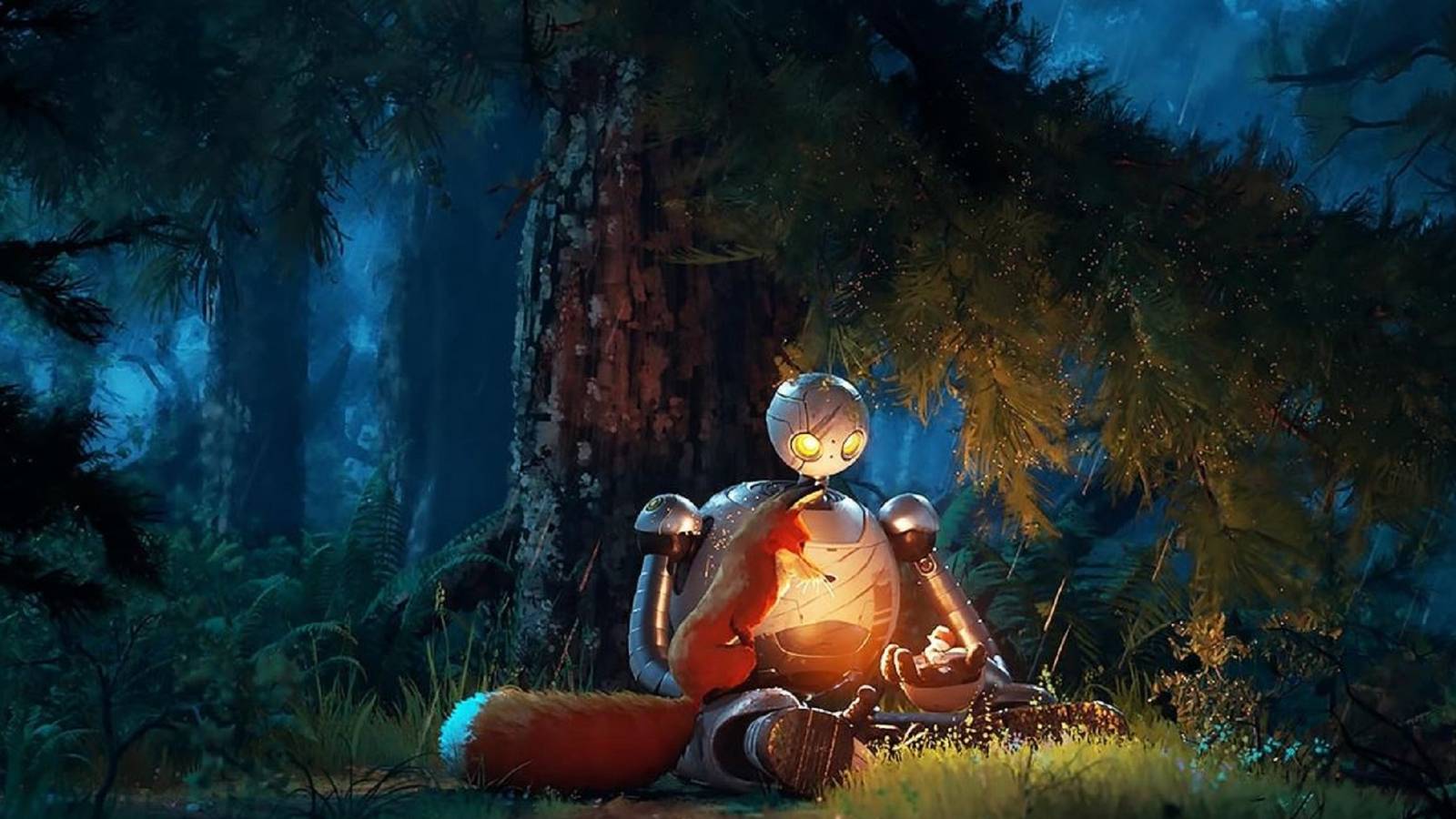 Roz sits peacefully in a forest at night, with glowing eyes, holding a small fire