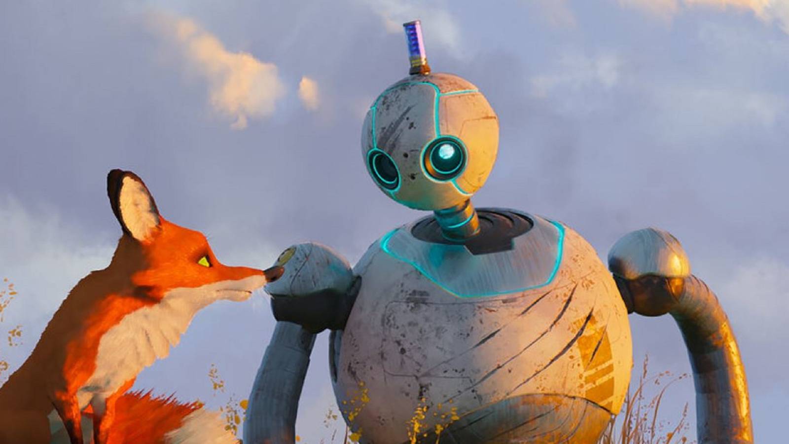 Fink (Pedro Pascal) and Roz (Lupita N’yongo) in DreamWorks Animation’s Wild Robot