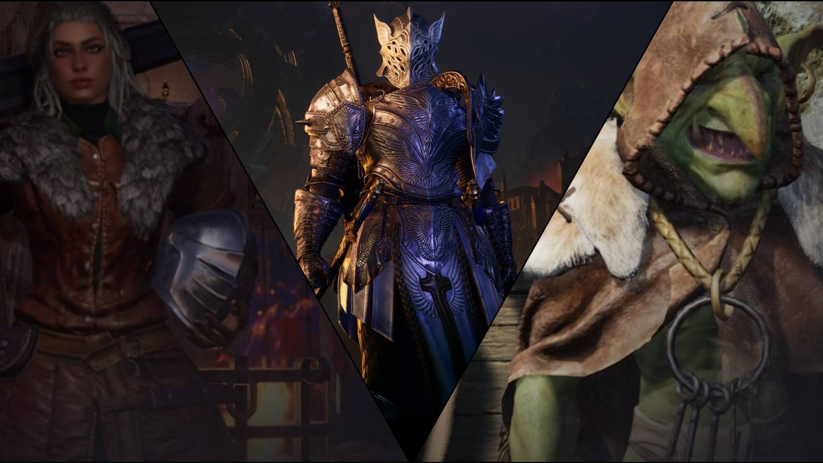 Throne and Liberty Warehouse Goblin, Armor Crafter, and character equipped with full Iron Plate Armor wielding Daggers and Greatsword