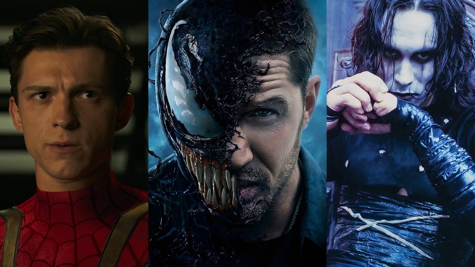 Tom Holland as Spider-Man, Tom Hardy as Eddie Brock and Venom, and Brandon Lee in The Crow