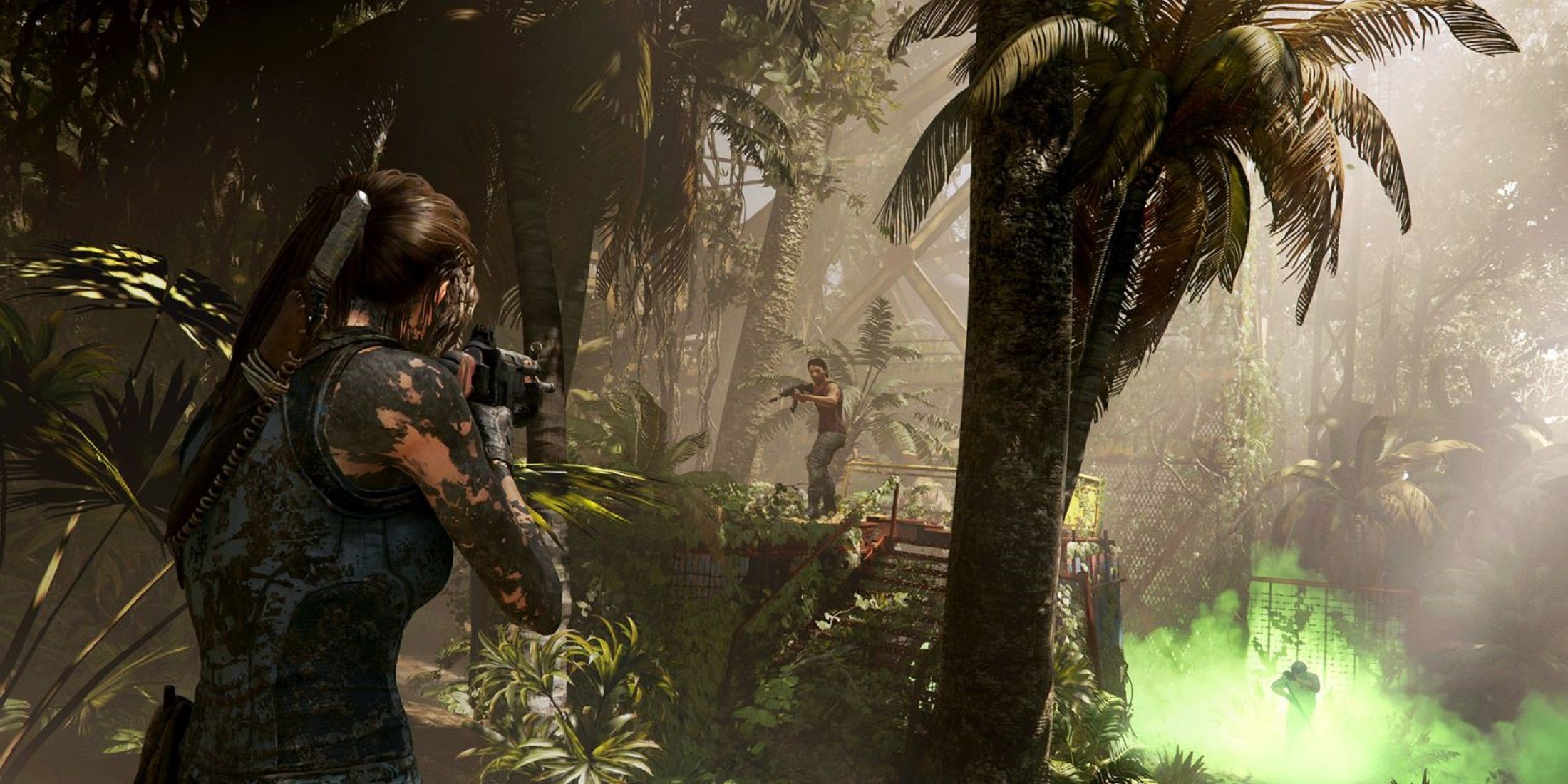 Lara Croft, in a jungle setting from Shadow of the Tomb Raider, aiming her gun