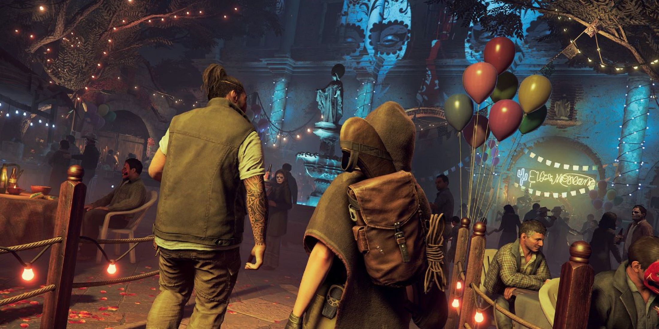 Lara Croft walks through a lively festival scene with Jonah Maiava in Shadow of the Tomb Raider