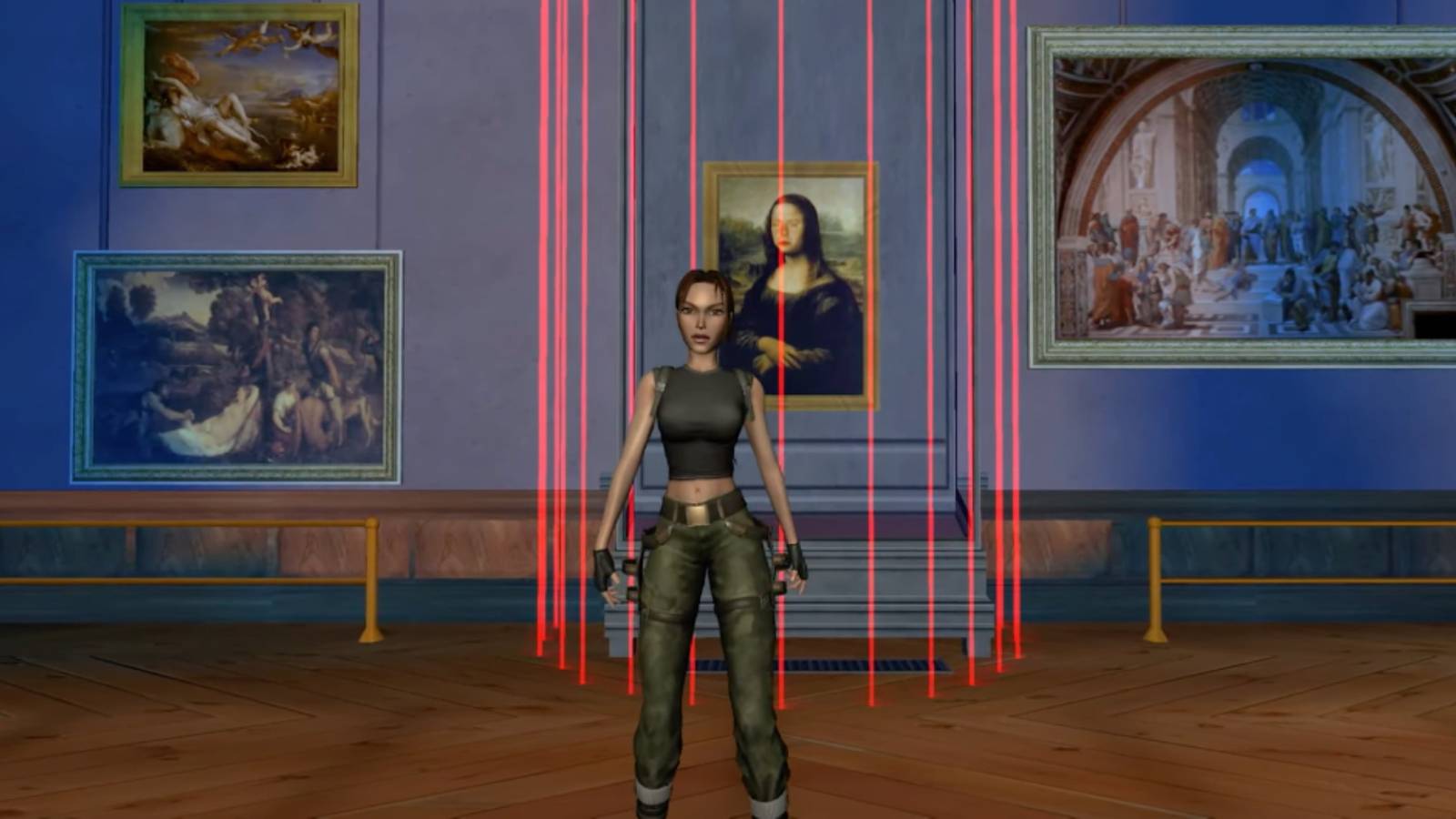 Lara Croft standing in front of a cylinder made out of laser beams blocking the Mona Lisa at an art museum