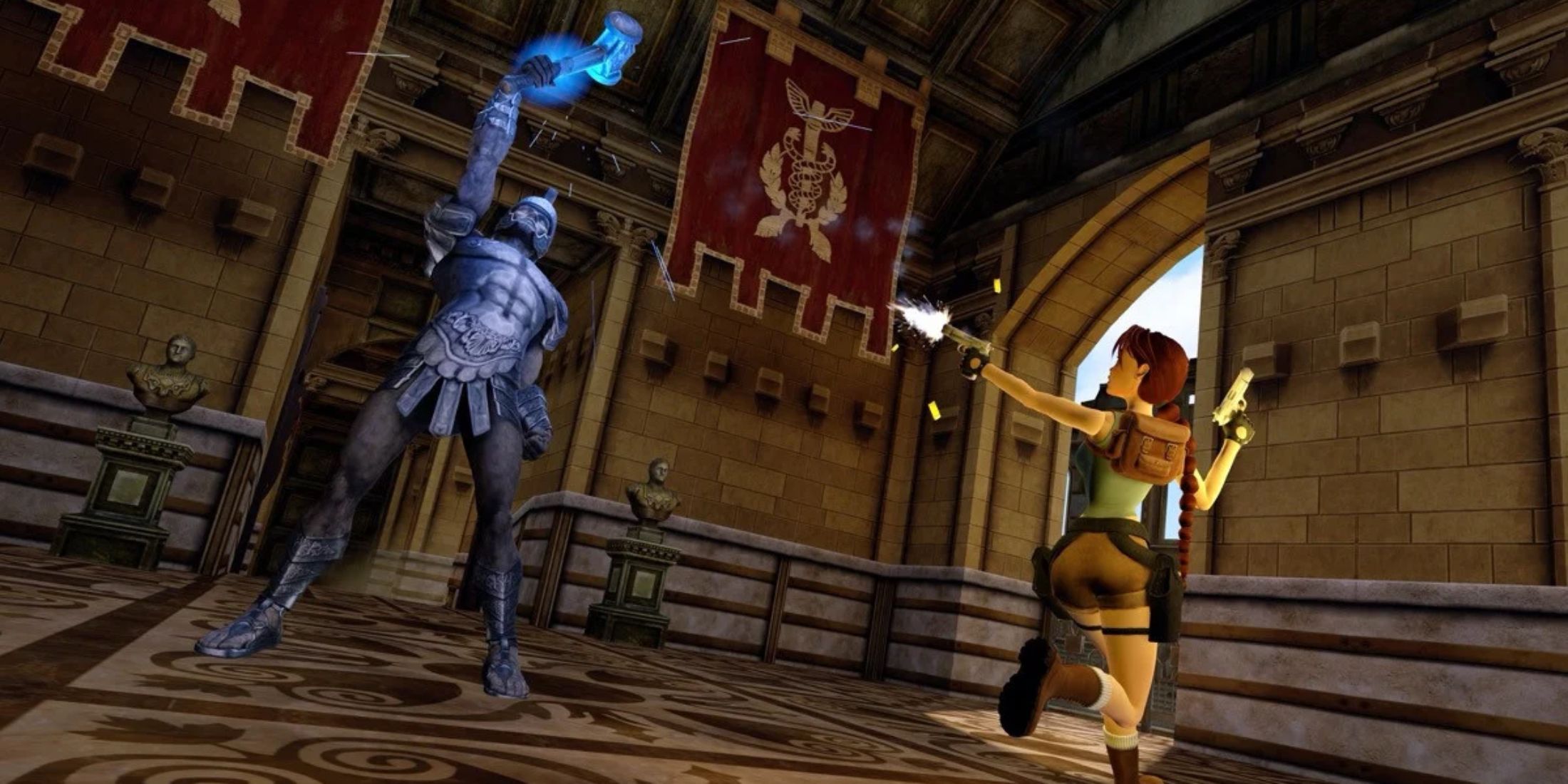 Lara Croft shooting a glowing Roman soldier enemy