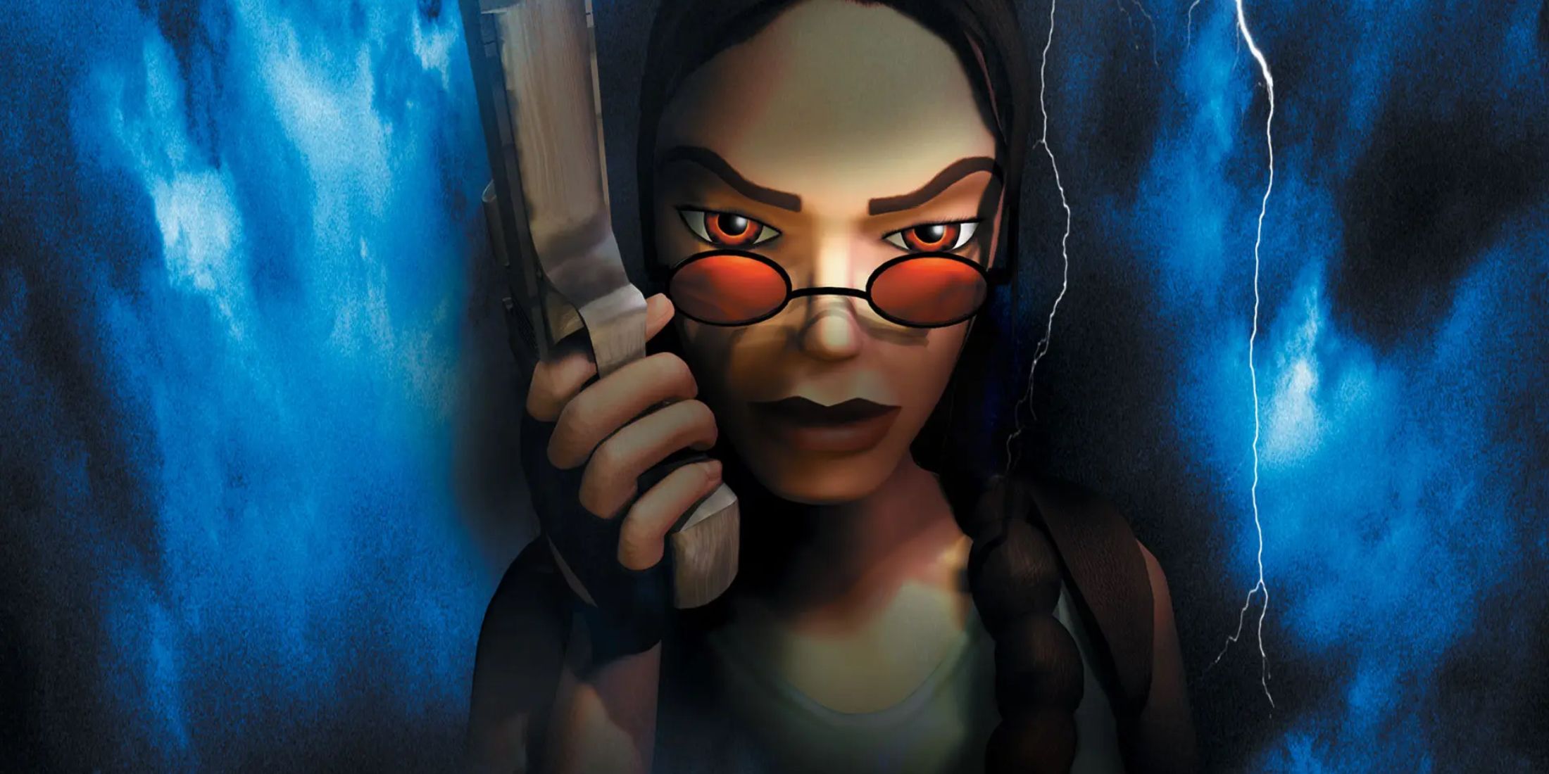 Lara Croft tilting her sunglasses down with a gun in her hand in front of a blue lightning background