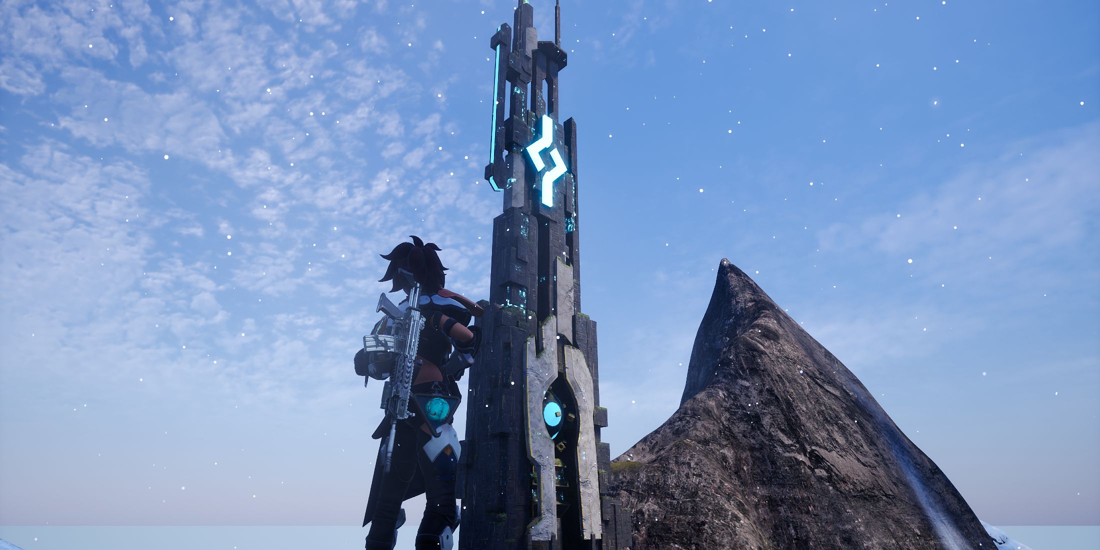 Screenshot showcasing the Tower of the PAL Genetic Research Unit in Palworld 