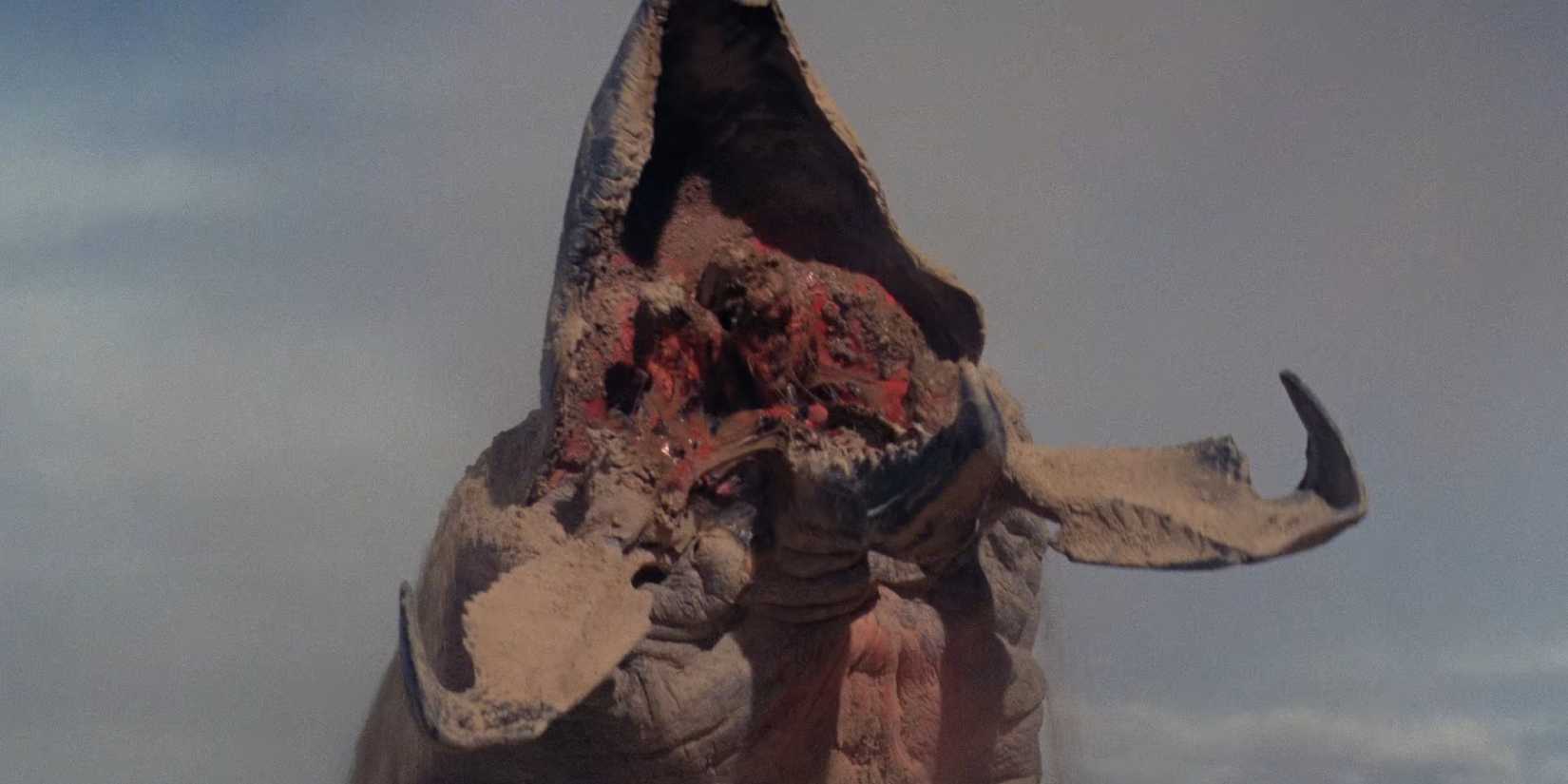 A Graboid emerging from the ground in Tremors