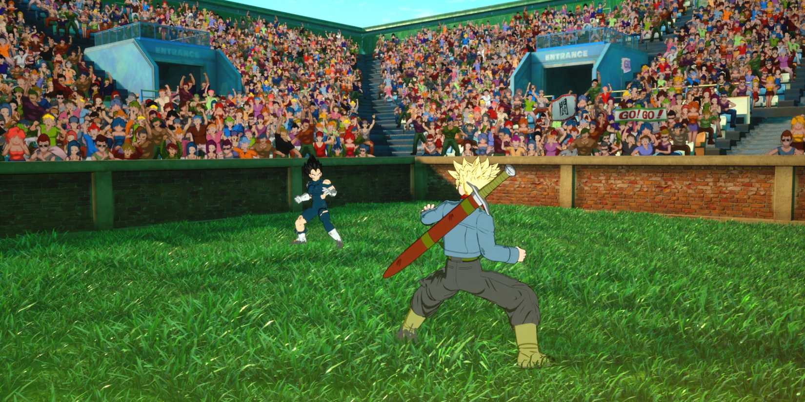 Trunks battles Vegeta in a packed stadium, made epic by the best mods for Dragon Ball Sparking Zero-1