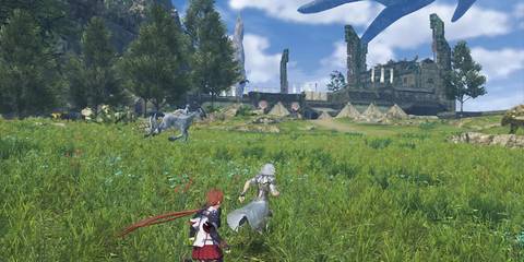 Two characters exploring a vast, open field in Xenoblade 2, a JRPG with a sad ending-1