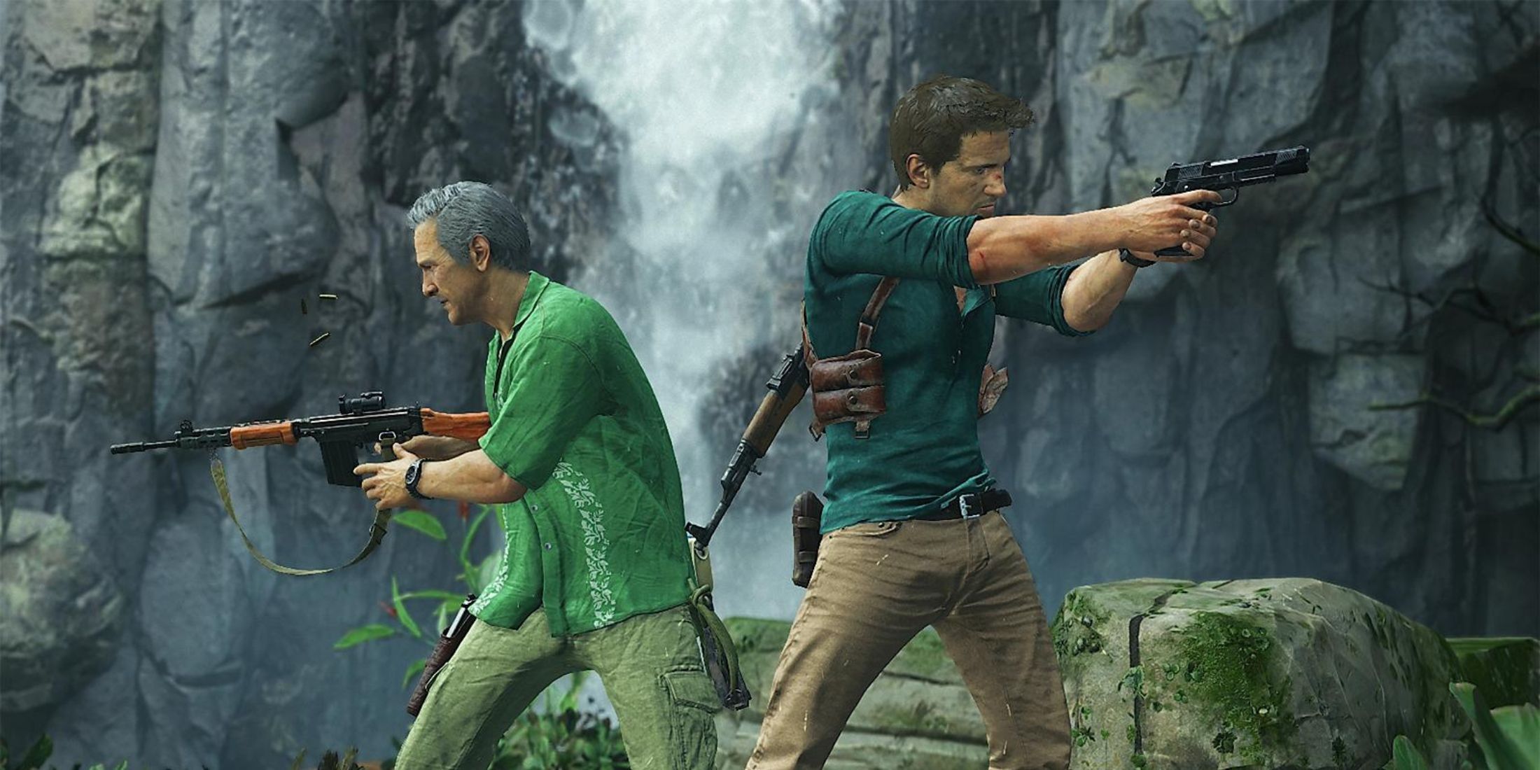 Uncharted 4 Nathan Drake and Sullivan back to back 