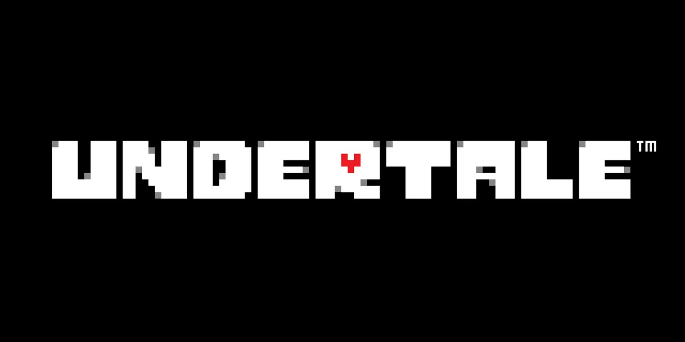 undetale title screen white text with black background and red heart in R letter