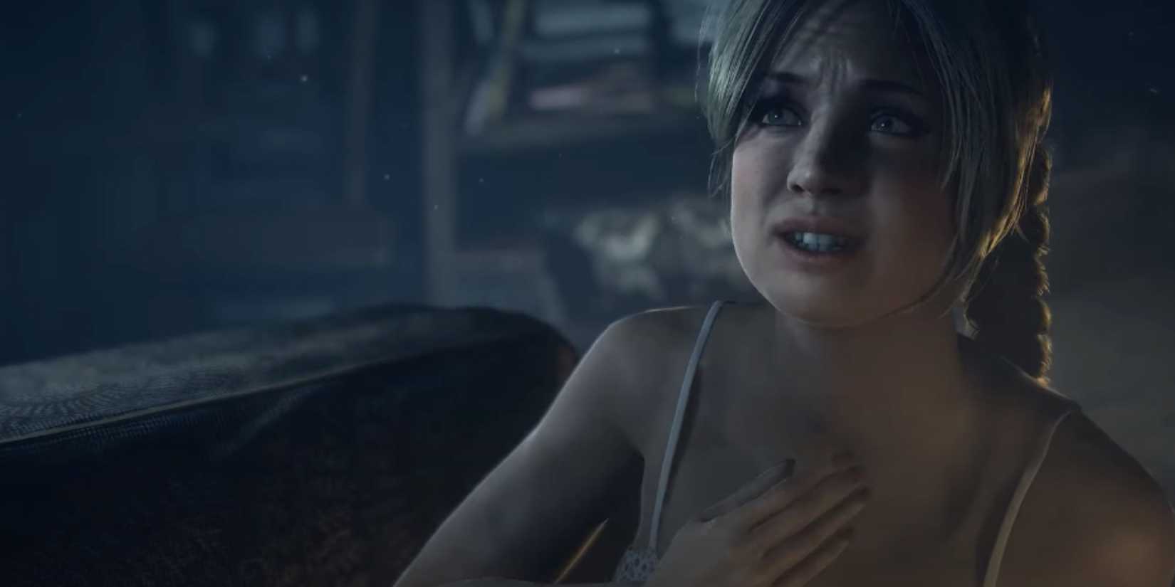Jessica holding her hand against her chest with a worried look on her face in Until Dawn