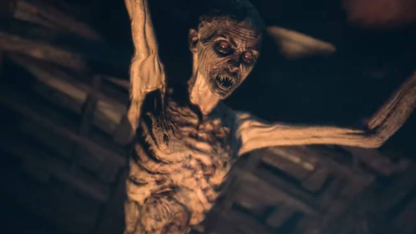 A close-up of the Wendigo with its arms up in Until Dawn