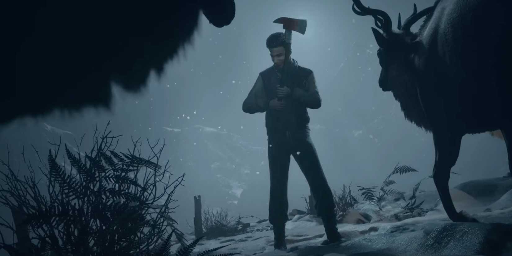 Matt wielding an axe in a snowstorm against a group of deer in Until Dawn