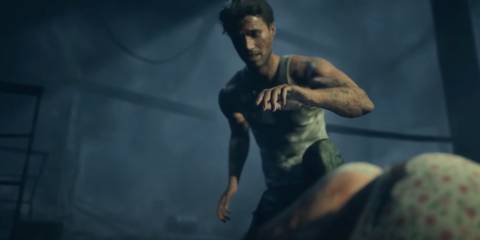 Mike leaning over Jess's dead body in the elevator shaft in Until Dawn