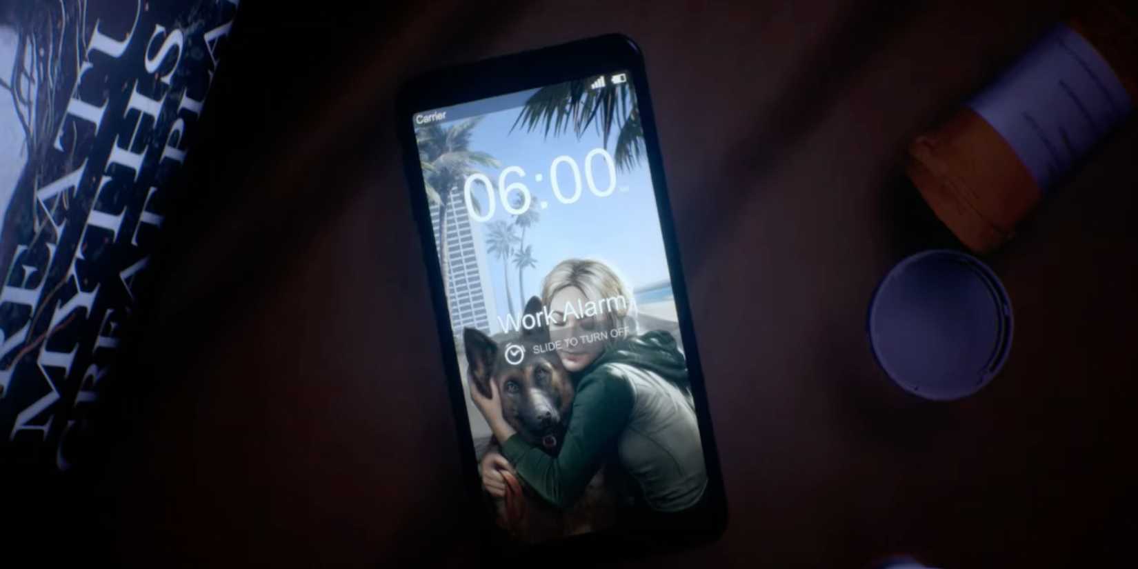 Sam's phone buzzing from a work alarm