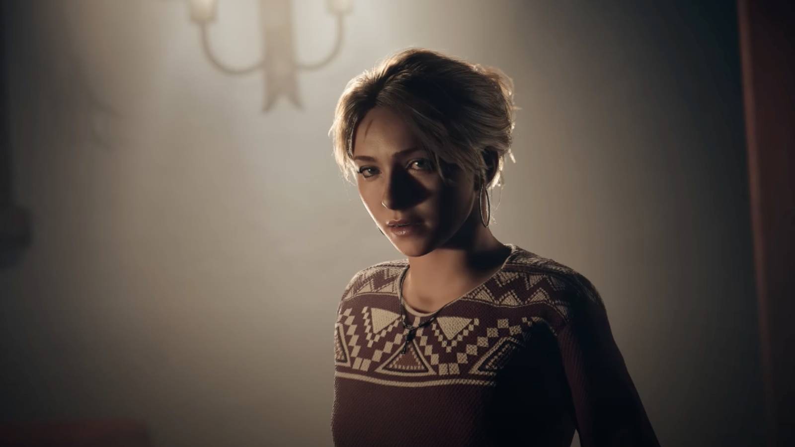 Samantha in her prologue outfit staring at the camera