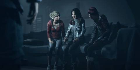 Emily speaking to Sam, Emily, Ashley, and Chris in the lodge in Until Dawn