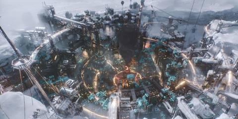 a city in frostpunk 2 covered in lights and snow