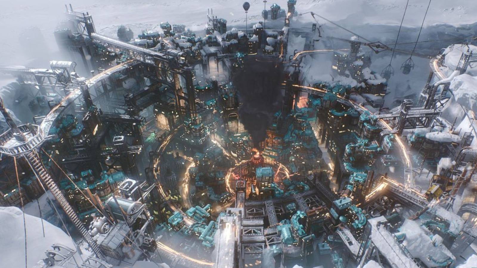 a city in frostpunk 2 covered in lights and snow