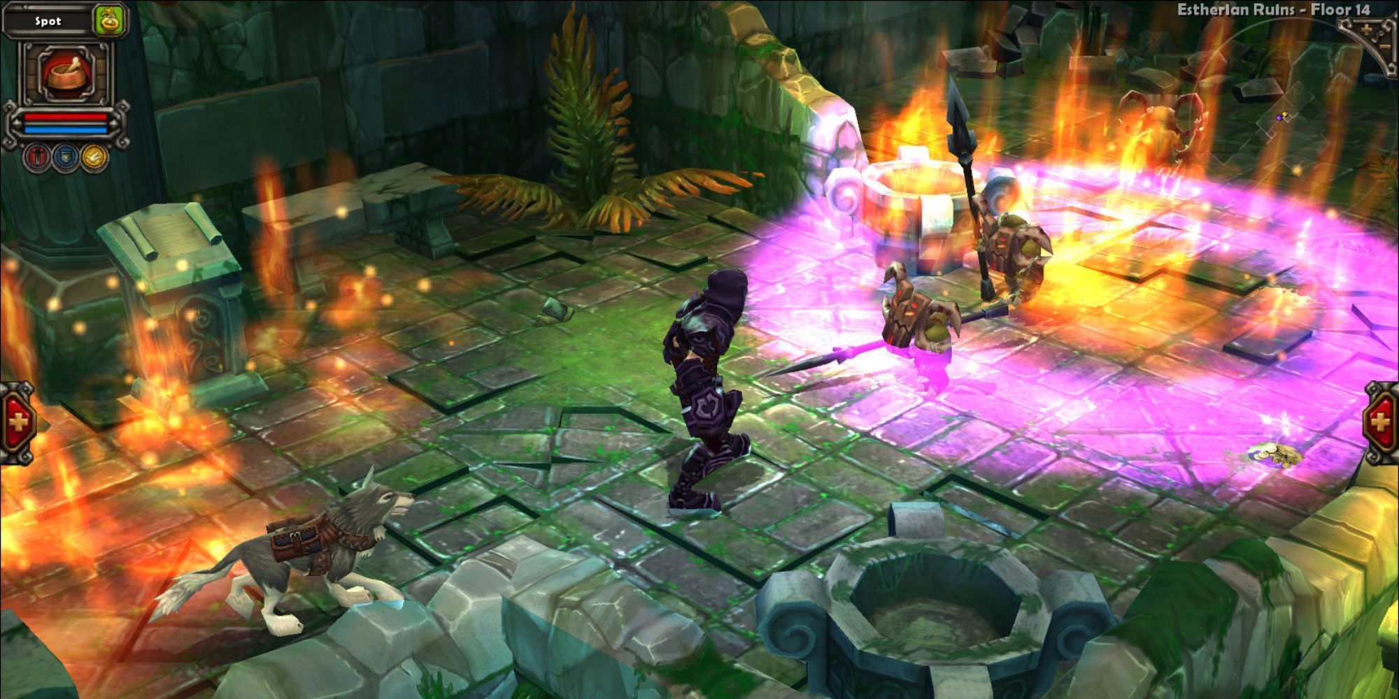 Fire everywhere and a pink circle spell effect in Torchlight