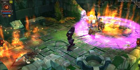 Fire everywhere and a pink circle spell effect in Torchlight