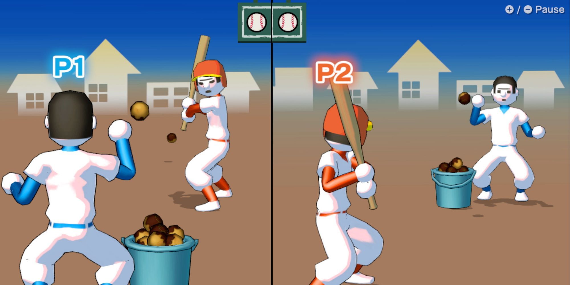 Two players playing baseball in WarioWare: Move It!