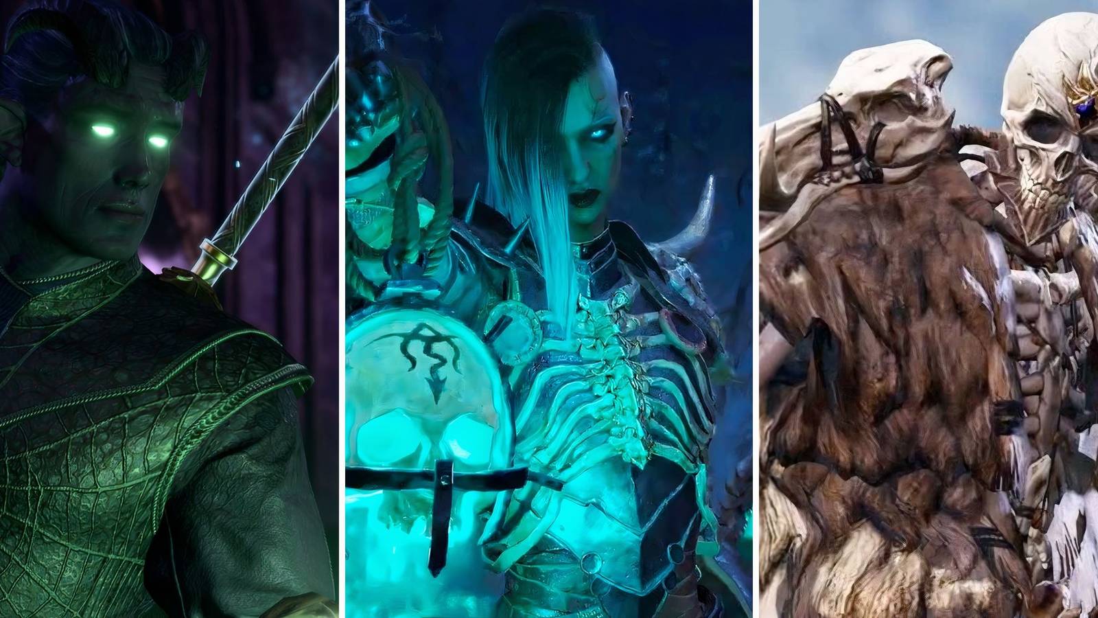 A grid showing the Necromancers from Baldur's Gate 3, Diablo 4, and Divinity: Original Sin 2