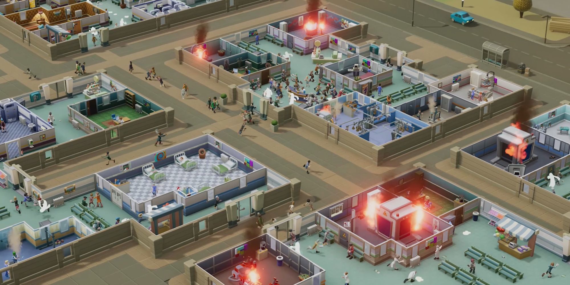 A hospital with many fires in Two Point Hospital