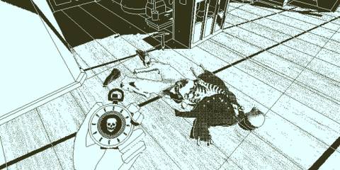 A skeleton lying on the floor in Return of the Obra Dinn