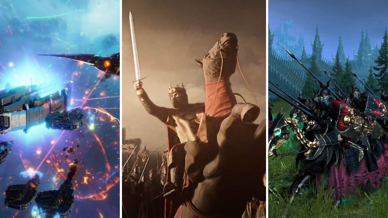 A grid showing the strategy games Sins of a Solar Empire 2, Crusader Kings 3, and Total War: Warhammer 3