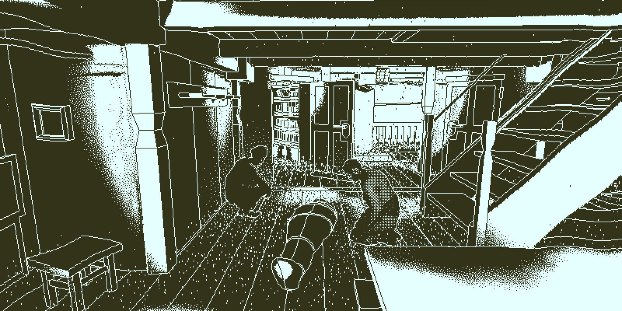 Two men crouched by a body in Return of the Obra Dinn