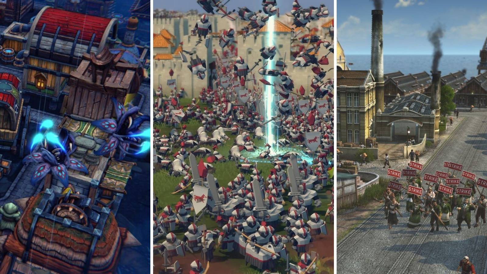 A grid showing the games Against the Storm, Diplomacy is Not an Option, and Anno 1800