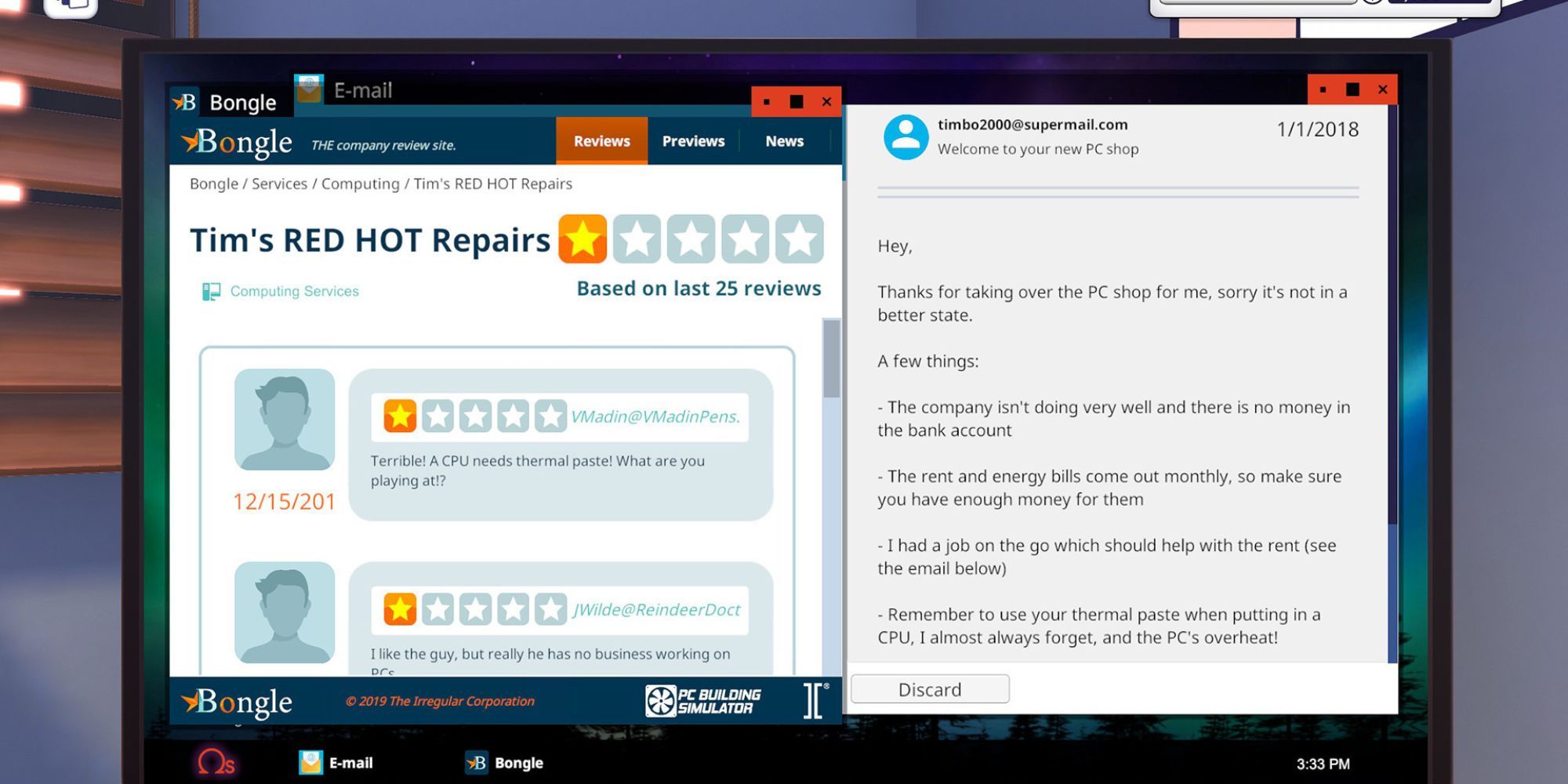 A player reading an email in PC Building Simulator