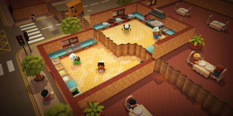 A kitchen with a  raised platform in Overcooked