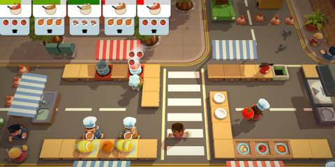 players cooking on a road in Overcooked