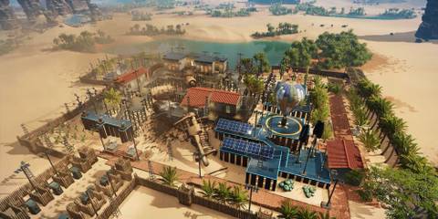 A somewhat top-down view of a base in Stranded: Alien Dawn