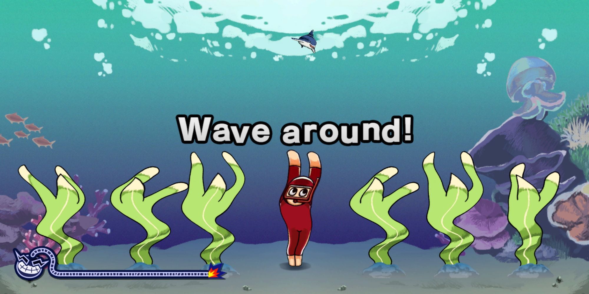 A player being seaweed in WarioWare: Move It!