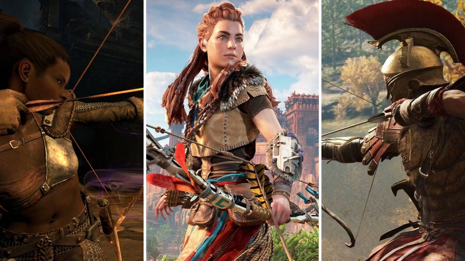 A grid showing the Rangers in the games Dragon's Dogma: Dark Arisen, Horizon: Zero Dawn, and Assassin's Creed: Odyssey