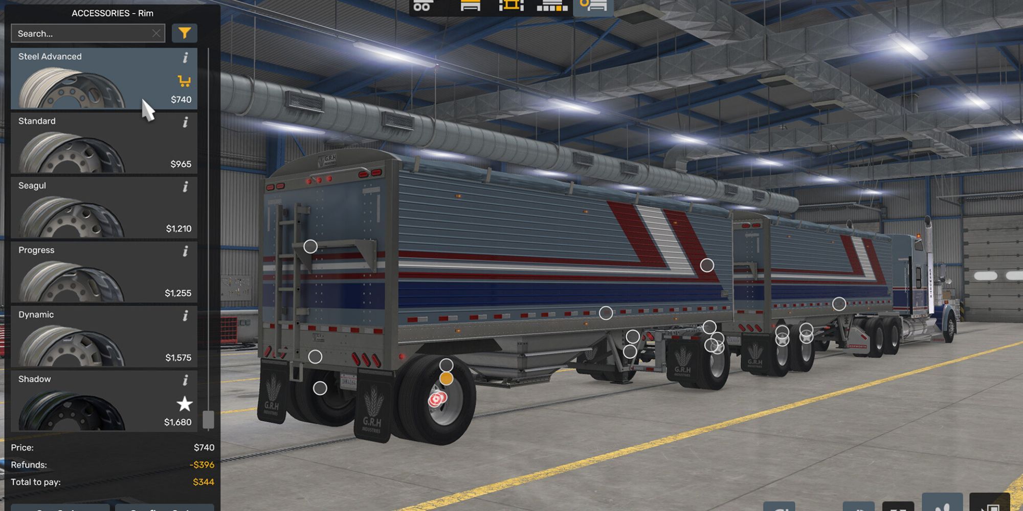 A player changing the rims on their truck in American Truck Simulator