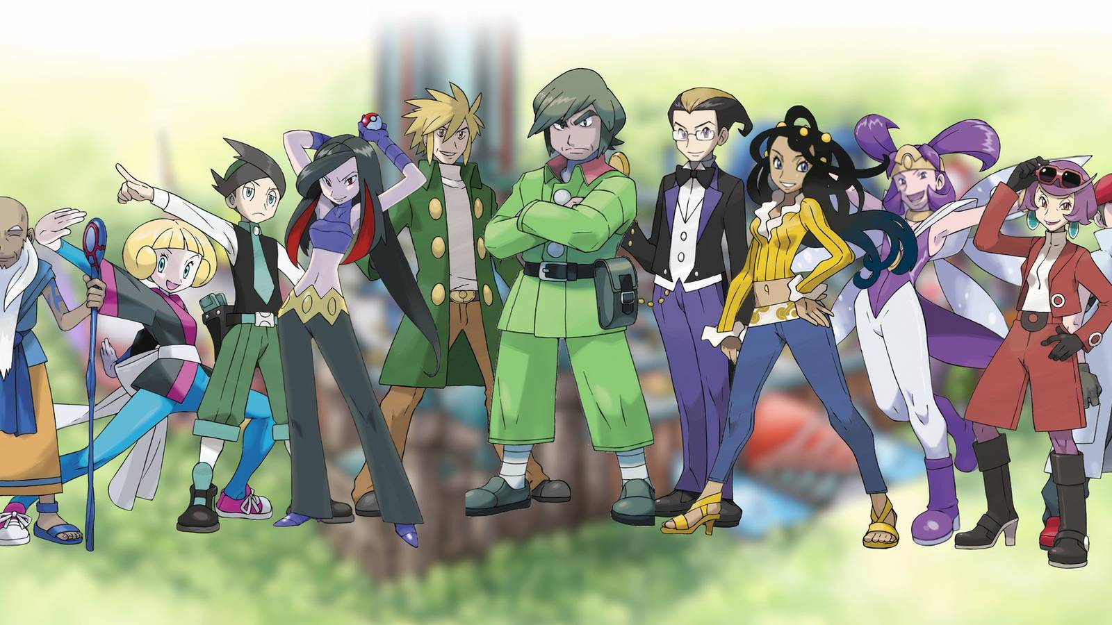 All Frontier Brains in a row, in front of Battle Frontier artwork.