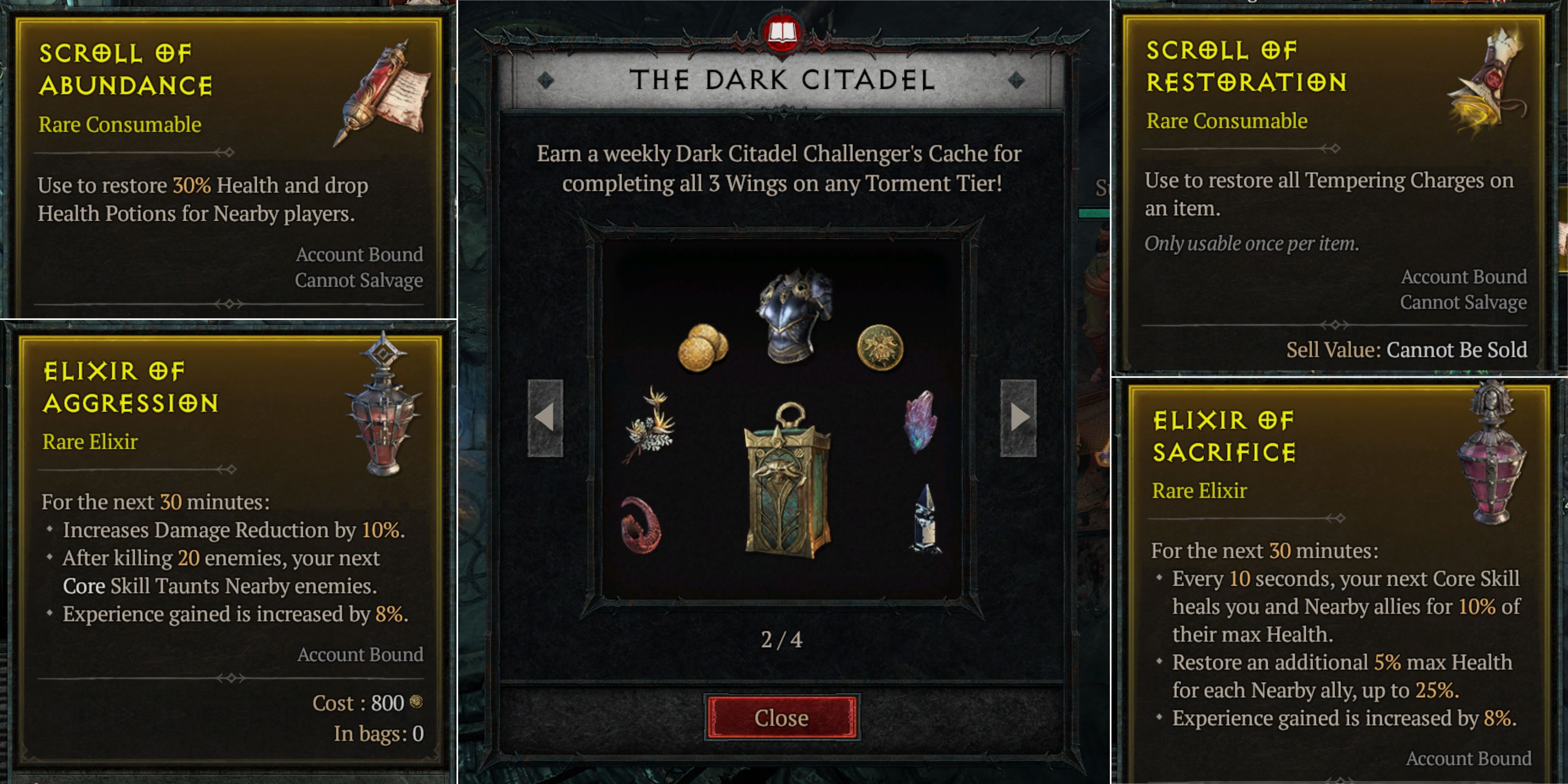 Several possible rewards for completing the dark citadel